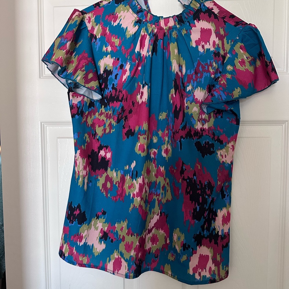 Floral Abstract Ruffle Sleeve Top in Teal and Pink